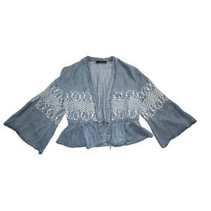 Anna Grace Cropped Embroidered Chambray Cardigan Blouse Womens Small